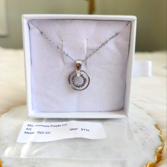 NWT Ryze Princess Purple CZ .925 Sterling Silver Double Circle Necklace - Picture 7 of 7